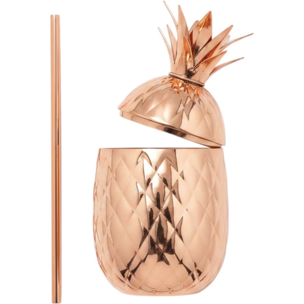 Godinger Copper Plated Stainless Steel Pineapple Tumbler with Straw 20oz 6207 T1